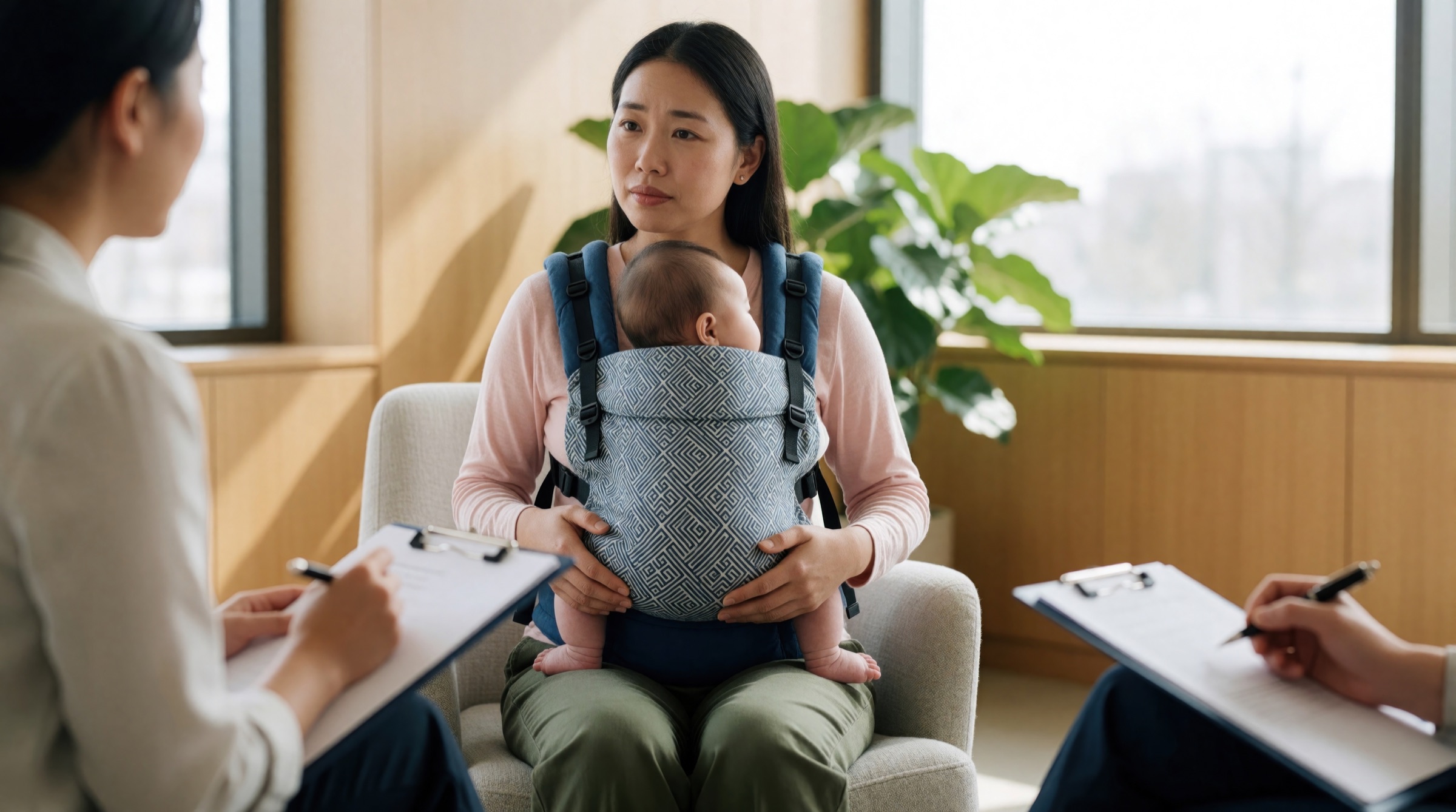 Mutter mit Baby in einer therapeutischen Beratung